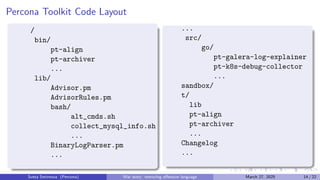 Percona Toolkit Code Layout
/
bin/
pt-align
pt-archiver
...
lib/
Advisor.pm
AdvisorRules.pm
bash/
alt_cmds.sh
collect_mysql_info.sh
...
BinaryLogParser.pm
...
...
src/
go/
pt-galera-log-explainer
pt-k8s-debug-collector
...
sandbox/
t/
lib
pt-align
pt-archiver
...
Changelog
...
Sveta Smirnova (Percona) War story: removing offensive language March 27, 2025 14 / 22
 