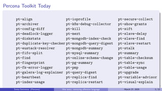 Percona Toolkit Today
pt-align
pt-archiver
pt-config-diff
pt-deadlock-logger
pt-diskstats
pt-duplicate-key-checker
pt-eustack-resolver
pt-fifo-split
pt-find
pt-fingerprint
pt-fk-error-logger
pt-galera-log-explainer
pt-heartbeat
pt-index-usage
pt-ioprofile
pt-k8s-debug-collector
pt-kill
pt-mext
pt-mongodb-index-check
pt-mongodb-query-digest
pt-mongodb-summary
pt-mysql-summary
pt-online-schema-change
pt-pg-summary
pt-pmp
pt-query-digest
pt-replica-find
pt-replica-restart
pt-secure-collect
pt-show-grants
pt-sift
pt-slave-delay
pt-slave-find
pt-slave-restart
pt-stalk
pt-summary
pt-table-checksum
pt-table-sync
pt-table-usage
pt-upgrade
pt-variable-advisor
pt-visual-explain
Sveta Smirnova (Percona) War story: removing offensive language March 27, 2025 3 / 22
 