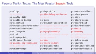Percona Toolkit Today: The Most Popular Support Tools
pt-align
pt-archiver
pt-config-diff
pt-deadlock-logger
pt-diskstats
pt-duplicate-key-checker
pt-eustack-resolver
pt-fifo-split
pt-find
pt-fingerprint
pt-fk-error-logger
pt-galera-log-explainer
pt-heartbeat
pt-index-usage
pt-ioprofile
pt-k8s-debug-collector
pt-kill
pt-mext
pt-mongodb-index-check
pt-mongodb-query-digest
pt-mongodb-summary
pt-mysql-summary
pt-online-schema-change
pt-pg-summary
pt-pmp
pt-query-digest
pt-replica-find
pt-replica-restart
pt-secure-collect
pt-show-grants
pt-sift
pt-slave-delay
pt-slave-find
pt-slave-restart
pt-stalk
pt-summary
pt-table-checksum
pt-table-sync
pt-table-usage
pt-upgrade
pt-variable-advisor
pt-visual-explain
Sveta Smirnova (Percona) War story: removing offensive language March 27, 2025 6 / 22
 
