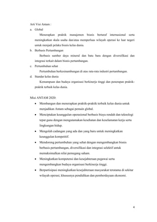 Arti Visi Antam :
a. Global
       Menerapkan      praktik    manajemen   bisnis   bertaraf   internasional   serta
   meningkatkan skala usaha dan/atau memperluas wilayah operasi ke luar negeri
   untuk menjadi pelaku bisnis kelas dunia.
b. Berbasis Pertambangan
       Berbasis sumber daya mineral dan batu bara dengan diversifikasi dan
   integrasi terkait dalam bisnis pertambangan.
c. Pertumbuhan sehat
       Pertumbuhan berkesinambungan di atas rata-rata industri pertambangan.
d. Standar kelas dunia
       Kemampuan dan budaya organisasi berkinerja tinggi dan penerapan praktik-
   praktik terbaik kelas dunia.


Misi ANTAM 2020:
       Membangun dan menerapkan praktik-praktik terbaik kelas dunia untuk
       menjadikan Antam sebagai pemain global.
       Menciptakan keunggulan operasional berbasis biaya rendah dan teknologi
       tepat guna dengan mengutamakan kesehatan dan keselamatan kerja serta
       lingkungan hidup.
       Mengolah cadangan yang ada dan yang baru untuk meningkatkan
       keunggulan kompetitif.
       Mendorong pertumbuhan yang sehat dengan mengembangkan bisnis
       berbasis pertambangan, diversifikasi dan integrasi selektif untuk
       memaksimalkan nilai pemegang saham.
       Meningkatkan kompetensi dan kesejahteraan pegawai serta
       mengembangkan budaya organisasi berkinerja tinggi.
       Berpartisipasi meningkatkan kesejahteraan masyarakat terutama di sekitar
       wilayah operasi, khususnya pendidikan dan pemberdayaan ekonomi.




                                                                                     4
 