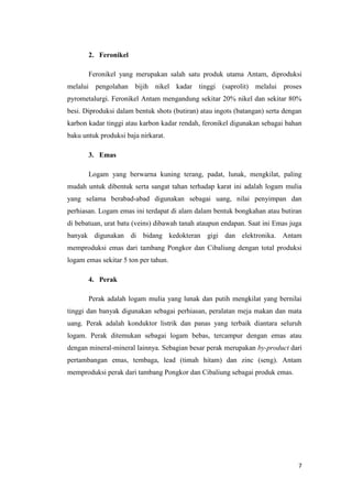 2. Feronikel

       Feronikel yang merupakan salah satu produk utama Antam, diproduksi
melalui pengolahan bijih nikel kadar tinggi (saprolit) melalui proses
pyrometalurgi. Feronikel Antam mengandung sekitar 20% nikel dan sekitar 80%
besi. Diproduksi dalam bentuk shots (butiran) atau ingots (batangan) serta dengan
karbon kadar tinggi atau karbon kadar rendah, feronikel digunakan sebagai bahan
baku untuk produksi baja nirkarat.

       3. Emas

       Logam yang berwarna kuning terang, padat, lunak, mengkilat, paling
mudah untuk dibentuk serta sangat tahan terhadap karat ini adalah logam mulia
yang selama berabad-abad digunakan sebagai uang, nilai penyimpan dan
perhiasan. Logam emas ini terdapat di alam dalam bentuk bongkahan atau butiran
di bebatuan, urat batu (veins) dibawah tanah ataupun endapan. Saat ini Emas juga
banyak digunakan di bidang kedokteran gigi dan elektronika. Antam
memproduksi emas dari tambang Pongkor dan Cibaliung dengan total produksi
logam emas sekitar 5 ton per tahun.

       4. Perak

       Perak adalah logam mulia yang lunak dan putih mengkilat yang bernilai
tinggi dan banyak digunakan sebagai perhiasan, peralatan meja makan dan mata
uang. Perak adalah konduktor listrik dan panas yang terbaik diantara seluruh
logam. Perak ditemukan sebagai logam bebas, tercampur dengan emas atau
dengan mineral-mineral lainnya. Sebagian besar perak merupakan by-product dari
pertambangan emas, tembaga, lead (timah hitam) dan zinc (seng). Antam
memproduksi perak dari tambang Pongkor dan Cibaliung sebagai produk emas.




                                                                               7
 