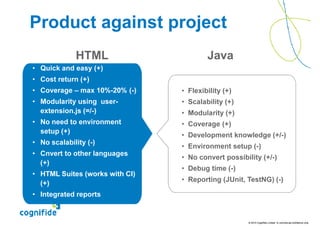 Product against project
             HTML                       Java
• Quick and easy (+)
• Cost return (+)
• Coverage – max 10%-20% (-)    • Flexibility (+)
• Modularity using user-        • Scalability (+)
  extension.js (=/-)            • Modularity (+)
• No need to environment        • Coverage (+)
  setup (+)
                                • Development knowledge (+/-)
• No scalability (-)
                                • Environment setup (-)
• Cnvert to other languages
                                • No convert possibility (+/-)
  (+)
                                • Debug time (-)
• HTML Suites (works with CI)
                                • Reporting (JUnit, TestNG) (-)
  (+)
• Integrated reports


                                                     © 2010 Cognifide Limited. In commercial confidence only.
 