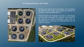 d) Espesamiento de lodos
Proceso con ayuda de la gravedad, con un tiempo
de retención de 1,5 días, para reducir el volumen en
un 50%, a una sequedad del 5%.
Posteriormente se trasladas los lodos a centrífugas
con una alta velocidad de rotación. A los lodos se
les adiciona un aditivo floculante, tanto para la
deshidratación como para el espesamiento de los
lodos de exceso.
 