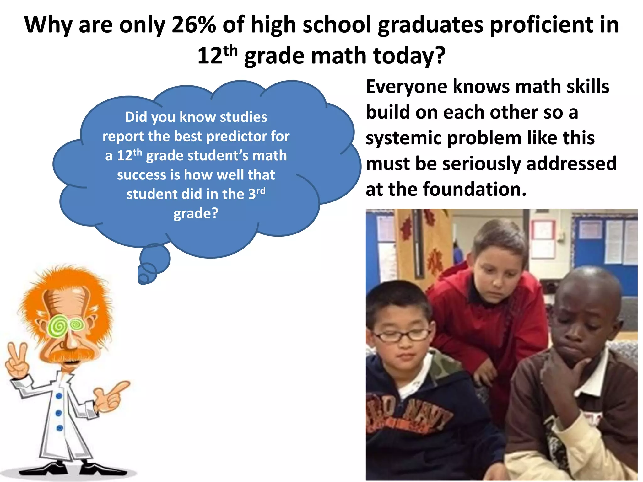 Why are only 26% of high school graduates proficient in
12th grade math today?
Everyone knows math skills
build on each other so a
systemic problem like this
must be seriously addressed
at the foundation.
Did you know studies
report the best predictor for
a 12th grade student’s math
success is how well that
student did in the 3rd
grade?
 