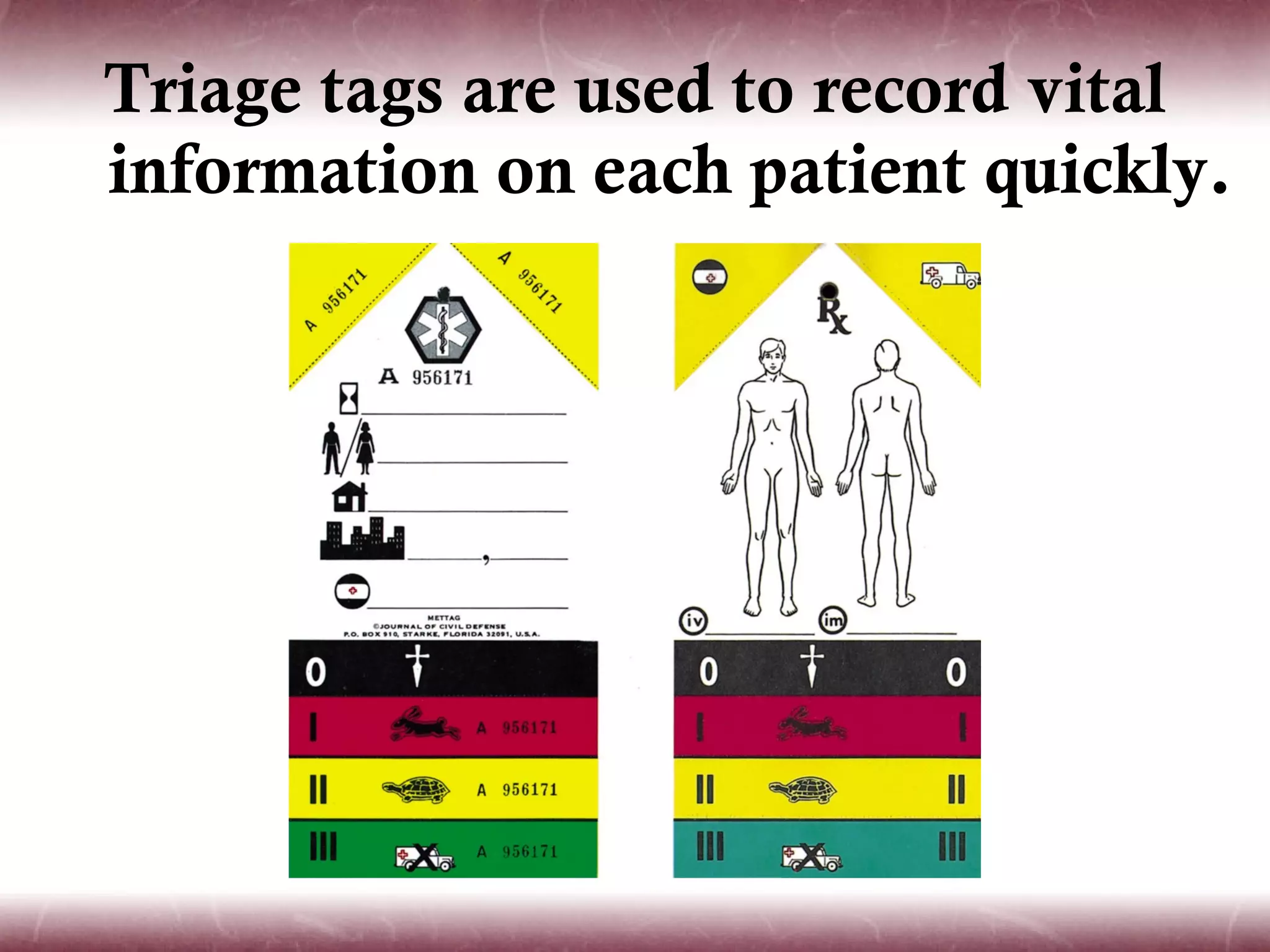 Triage tags are used to record vital
information on each patient quickly.
 