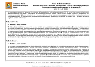 ________________________________________________________________________________
Praça Rui Barbosa, 29, Centro, Saúde – Bahia – CEP: 44740-000 Tel/Fax: (74) 3633-2315
3
Plano de Trabalho Anual
Medidas Adotadas e a Adotar no Combate à Evasão e à Sonegação Fiscal
Comparativo das Metas Bimestrais de Arrecadação
(Art. 13 – L.C. 101/00)
Estado da Bahia
Prefeitura Municipal
Saúde
de pessoal para manuseio dos aplicativos informatizados; 5) fiscalização dos valores transacionais do ITIV de forma integrada com o Cartório de
Registro de Imóveis para evitar a evasão fiscal; 6) elaboração de relatórios mensais e envio ao setor contábil, contendo o detalhamento das
receitas arrecadadas; 7) Controle da inadimplência e remessa do DAM ao endereço do contribuinte para pagamento dos créditos tributários decorrentes de
cobrança administrativa; 8) atualização dos cadastros mobiliário e imobiliário; 9) trabalho de fiscalização em parceria com a secretaria de obras e
vigilância sanitária do Município.
No Quinto Bimestre:
 Medidas a serem adotadas:
1) elaboração de relatórios mensais e envio ao setor contábil, contendo o detalhamento das receitas arrecadadas; 2) monitoramento permanente
do ISSQN - fonte e próprio; 3) incentivo a regularização dos créditos tributários inscritos em dívida ativa mediante pagamento parcelado e acompanhamento
daqueles contratos cuja exigibilidade está suspensa; 4) atualização do sistema de cobrança de tributos com base nas novas versões liberadas visando melhoria
na qualidade das informações gerenciais e treinamento de pessoal para manuseio dos aplicativos informatizados; 5) fiscalização dos valores transacionais
do ITIV de forma integrada com o Cartório de Registro de Imóveis para evitar a evasão fiscal; 6) inscrição dos créditos tributários ou não, em dívida
ativa; 7) Controle da inadimplência e remessa do DAM ao endereço do contribuinte para pagamento dos créditos tributários decorrentes de cobrança
administrativa; 8) atualização dos cadastros mobiliário e imobiliário; 9) trabalho de fiscalização em parceria com a secretaria de obras e vigilância
sanitária do Município; 10) encaminhamento de certidões da dívida ativa para o setor jurídico promover a execução fiscal.
No Sexto Bimestre.
 Medidas a serem adotadas:
1) Controle da inadimplência e remessa do DAM ao endereço do contribuinte para pagamento dos créditos tributários decorrentes de cobrança administrativa;
2) elaboração de relatórios mensais e envio ao setor contábil, contendo o detalhamento das receitas arrecadadas; 3) incentivo a regularização dos
créditos tributários inscritos em dívida ativa mediante pagamento parcelado e acompanhamento daqueles contratos cuja exigibilidade está suspensa; 4)
atualização do sistema de cobrança de tributos com base nas novas versões liberadas visando melhoria na qualidade das informações gerenciais e treinamento
de pessoal para manuseio dos aplicativos informatizados; 5) fiscalização dos valores transacionais do ITIV de forma integrada com o Cartório de
Registro de Imóveis para evitar a evasão fiscal; 6) inscrição dos créditos tributários ou não, em dívida ativa; 7) monitoramento permanente do ISSQN -
fonte e próprio; 8) atualização dos cadastros mobiliário e imobiliário; 9) trabalho de fiscalização em parceria com a secretaria de obras e vigilância
sanitária do Município; 10) encaminhamento de certidões da dívida ativa para o setor jurídico promover a execução fiscal.
Este documento foi assinado digitalmente por AC SERASA SRF ICP-BRASIL.
 
