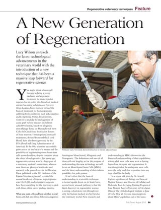 Feature
www.polotimes.co.uk 59Polo Times, August 2016
Regenerative veterinary techniques Feature
Y
ou might think of stem cell
therapy as being a pretty
exclusive and expensive
treatment for major tendon
injuries, but in reality this branch of medical
science has many subdivisions. For over
three decades, bone marrow formed the
basis of treatment for human patients
suffering from conditions such as Leukaemia
and Lymphoma. Other developments
went on to include the management of
acute graft vs host diseases in children
called Prochymal, based on allogeneic
stem therapy based on Mesenchymal Stem
Cells (MSCs) derived from adult donors
of bone marrow. Hematopoietic stem cell
treatments, derived from umbilical cord
blood, have also been approved by the
FDA (Food and Drug Administration of
America). In the 90s, scientists successfully
grew an ear on the back of a mouse and the
possibility of regenerating tissue from stem
cells seemed endless, despite concerns about
the ethics of such practice. Ten years ago,
regenerative science wasn’t a huge part of
a veterinary student’s curriculum, whereas
now there are plenty of textbooks and
research to be poured over in the libraries.
Data, published in the 2015 edition of the
Equine Veterinary Journal, revealed the
annual incidence of injuries in polo ponies
was 10.6% (2), and veterinary surgeons
have been searching for the best way to deal
with these, often career ending, injuries.
What are stem cells and how do they work?
Stem cells fall into three different categories:
Autologous Mesechymal, Allogeneic and
Xenogeneic. The definitions and uses of all
these cells are lengthy, so for the purpose of
understanding this new technology we will
focus on Mesechymal Stem Cells (MSCs)
and the latest understanding of their infinite
possibility for polo ponies.
It isn’t often that the basis of
understanding in a scientific technique
is turned upside down on its head, but a
second more unusual pathway is that the
latest discovery in regenerative science
is seeing a shockwave run through not
only the human medical world, but also
the veterinary world. New research and
understanding of MSCs throws out the
historical understanding of their capabilities,
where adult stem cells were seen as having
limited use in repair and regeneration. It
was thought that the embryonic stem cells
were the only kind that reproduce into any
type of cell in the body.
In a recent talk given by Dr. Arnold
Caplan, a professor of Biology and General
Medical Sciences and Director of Cellular and
Molecular Basis for Aging Training Program of
Case Western Reserve University in Cleveland,
Ohio at The Orthobiological Institute in June
2016 he blew all previous misconceptions
about MSCs’ capabilities out of the water.
A New Generation
of Regeneration
Lucy Wilson unravels
the latest technological
advancements in the
veterinary world with the
introduction of a new
technique that has been a
massive leap forward for
regenerative science
Professor Carlo Tremolada demonstrating how to harvest adipose tissue
PhotographybyHughDickensPhotography
 