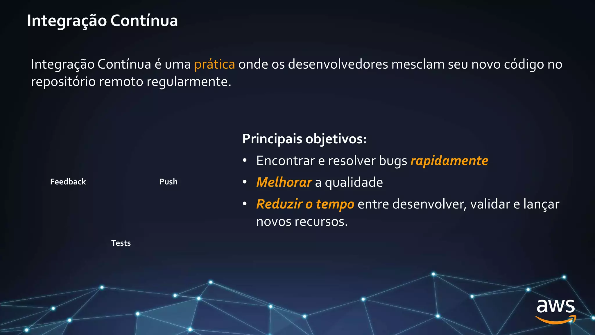 Push
Feedback
Tests
Integração Contínua é uma prática onde os desenvolvedores mesclam seu novo código no
repositório remoto regularmente.
Principais objetivos:
• Encontrar e resolver bugs rapidamente
• Melhorar a qualidade
• Reduzir o tempo entre desenvolver, validar e lançar
novos recursos.
Integração Contínua
 