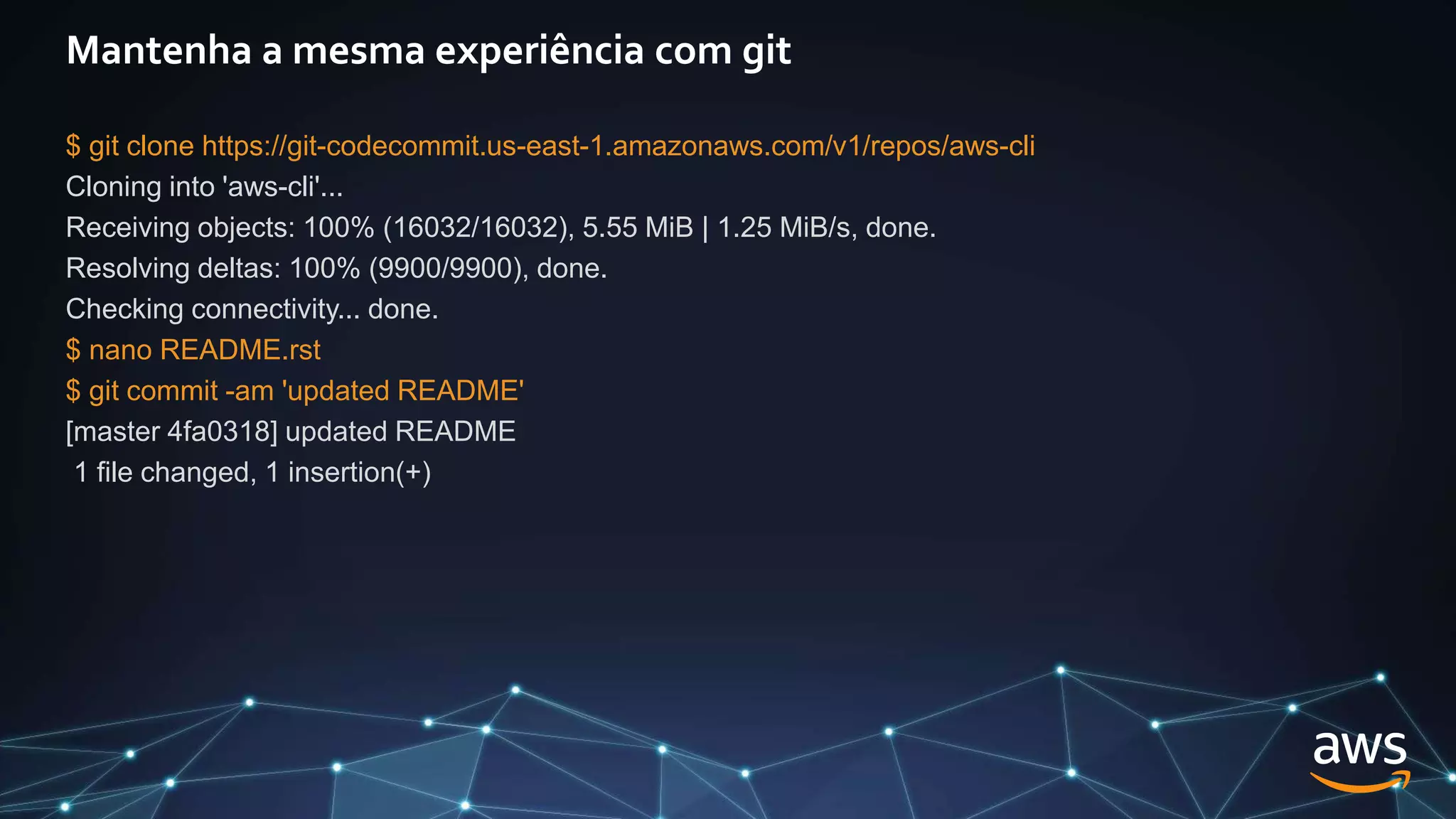 Mantenha a mesma experiência com git
$ git clone https://git-codecommit.us-east-1.amazonaws.com/v1/repos/aws-cli
Cloning into 'aws-cli'...
Receiving objects: 100% (16032/16032), 5.55 MiB | 1.25 MiB/s, done.
Resolving deltas: 100% (9900/9900), done.
Checking connectivity... done.
$ nano README.rst
$ git commit -am 'updated README'
[master 4fa0318] updated README
1 file changed, 1 insertion(+)
 