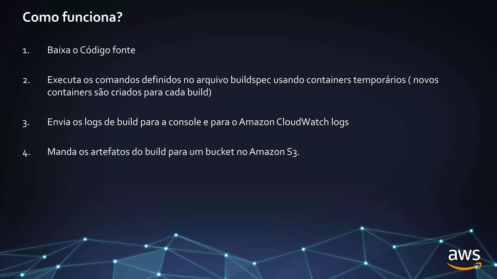 Como funciona?
1. Baixa o Código fonte
2. Executa os comandos definidos no arquivo buildspec usando containers temporários ( novos
containers são criados para cada build)
3. Envia os logs de build para a console e para oAmazon CloudWatch logs
4. Manda os artefatos do build para um bucket noAmazon S3.
 