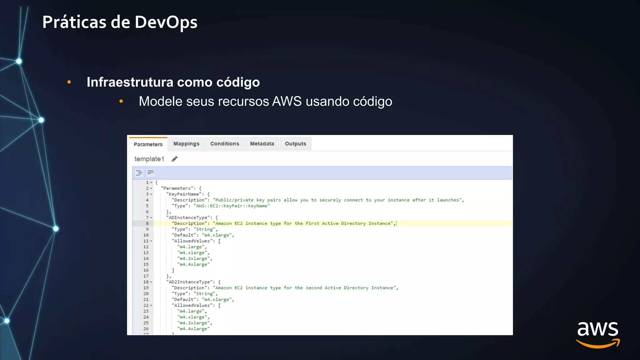 Práticas de DevOps
• Infraestrutura como código
• Modele seus recursos AWS usando código
 