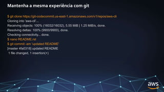 Mantenha a mesma experiência com git
$ git clone https://git-codecommit.us-east-1.amazonaws.com/v1/repos/aws-cli
Cloning into 'aws-cli'...
Receiving objects: 100% (16032/16032), 5.55 MiB | 1.25 MiB/s, done.
Resolving deltas: 100% (9900/9900), done.
Checking connectivity... done.
$ nano README.rst
$ git commit -am 'updated README'
[master 4fa0318] updated README
1 file changed, 1 insertion(+)
 