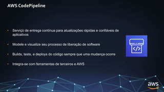 AWS CodePipeline
• Serviço de entrega contínua para atualizações rápidas e confiáveis de
aplicativos
• Modele e visualize seu processo de liberação de software
• Builds, tests, e deploys do código sempre que uma mudança ocorre
• Integra-se com ferramentas de terceiros e AWS
 