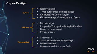 O que é DevOps
• Objetivo global
• Times autônomos e empoderados
• Colaboração e Comunicação
• Foco na entrega de valor para o cliente
• Microserviços
• Integração/Entrega/Implantação Contínua
• Desenvolvimento Ágil
• Infra as a Code
• Automação
• Testes de Qualidade e Segurança
• Monitoramento
• Ferramentas de Infra as a Code
Cultura
Ferramentas
Práticas
 