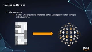 • Microserviços
• Sair de uma arquitetura “monolíta” para a utilização de vários serviços
individualmente.
Práticas de DevOps
 