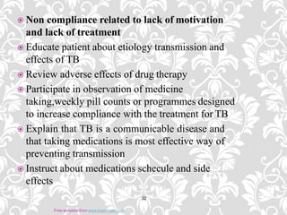  Non compliance related to lack of motivation
and lack of treatment
 Educate patient about etiology transmission and
effects of TB
 Review adverse effects of drug therapy
 Participate in observation of medicine
taking,weekly pill counts or programmes designed
to increase compliance with the treatment for TB
 Explain that TB is a communicable disease and
that taking medications is most effective way of
preventing transmission
 Instruct about medications schecule and side
effects
32
Free template from www.brainybetty.com
 