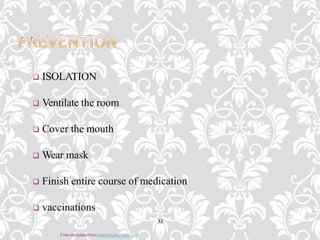  ISOLATION
 Ventilate the room
 Cover the mouth
 Wear mask
 Finish entire course of medication
 vaccinations
33
Free template from www.brainybetty.com
 