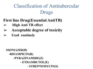 Classification of Antitubercular
Drugs
First line Drug(Essential AntiTB)
➢
➢
➢
High Anti TB effect
Acceptable degree of toxicity
Used routinely
- ISONIAZID(H)
-RIFAMPICIN(R)
-PYRAZINAMIDE(Z)
- ETHAMBUTOL(E)
- STREPTOMYCIN(S)
 