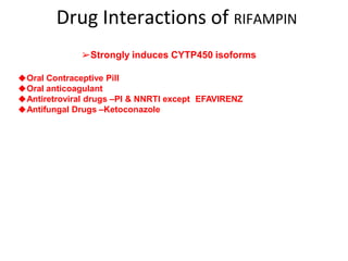 Drug Interactions of RIFAMPIN
➢Strongly induces CYTP450 isoforms
◆Oral Contraceptive Pill
◆Oral anticoagulant
◆Antiretroviral drugs –PI & NNRTI except EFAVIRENZ
◆Antifungal Drugs –Ketoconazole
 