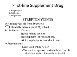 First-line Supplement Drug
1.Streptomycin
2.Rifabutin
3.Rifapentine
➢1
st
clinically active against Mycobact.
➢Limitation of its use
i)dose related toxicity
ii)devlopment of resistant org.
iii)pt compliance is poor due to i.m
➢Present status:
-Least used 1st line A.T.D
-More active against extracellular bacilli
-Inactive against intracellular bacilii
STREPTOMYCIN(S)
➢Aminoglycoside from Str.griseus
 