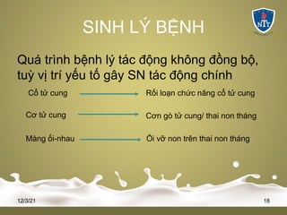 SINH LÝ BỆNH
Quá trình bệnh lý tác động không đồng bộ,
tuỳ vị trí yếu tố gây SN tác động chính
12/3/21 18
Cổ tử cung Rối loạn chức năng cổ tử cung
Cơ tử cung Cơn gò tử cung/ thai non tháng
Màng ối-nhau Ối vỡ non trên thai non tháng
 