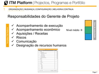 Page 7Page 7Page 7
Responsabilidades do Gerente de Projeto
1
Nível médio 
ORGANIZAÇÃO | MUDANÇA | CONFIGURAÇÃO | MELHORIA CONTÍNUA
 Acompanhamento de execução
 Acompanhamento econômico
 Aquisições / Receitas
 Riscos
 Comunicação
 Designação de recursos humanos
TemplateITMPlatform
Graudematuridade
 