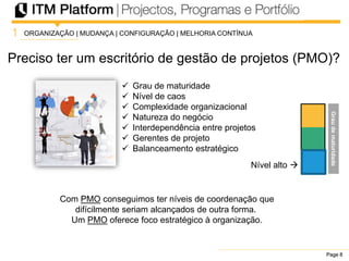 Page 8Page 8Page 8
Preciso ter um escritório de gestão de projetos (PMO)?
1
Nível alto 
ORGANIZAÇÃO | MUDANÇA | CONFIGURAÇÃO | MELHORIA CONTÍNUA
 Grau de maturidade
 Nível de caos
 Complexidade organizacional
 Natureza do negócio
 Interdependência entre projetos
 Gerentes de projeto
 Balanceamento estratégico
Com PMO conseguimos ter níveis de coordenação que
difícilmente seriam alcançados de outra forma.
Um PMO oferece foco estratégico à organização.
Graudematuridade
 