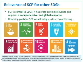 Relevance of SCP for other SDGs
• SCP is central to SDGs, it has cross-cutting relevance and
requires a comprehensive and global response
• Reaching goals for SCP would bring us closer to achieving :
Relevant specific targets include: Targets 8.4 on resource efficiency, 7.2 Renewable Energy, 6.4 Water Efficiency, 14.2
on managing pollution of oceans (marine litter); also an opportunity to develop a fairer society through the inclusion of
wide range of stakeholders (towards gender equality, more jobs created)…
 
