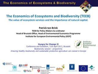The Economics of Ecosystems and Biodiversity (TEEB)
 The value of ecosystem services and the importance of natural capital.

                                   Patrick ten Brink
                          TEEB for Policy Makers Co-ordinator
        Head of Brussels Office, Head of Environmental Economics Programme
                  Institute for European Environmental Policy (IEEP)


                                 Hungry for Change II
                    Conference and Exhibition, 11th April 2013, Brussels
                             Biodiversity session - programme
  Ensuring healthy biodiversity and sustainable productive agriculture can coexist in Europe
 