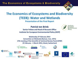 The Economics of Ecosystems and Biodiversity
        (TEEB): Water and Wetlands
                  Presentation of the Final Report

                         Patrick ten Brink
               Senior Fellow and Head of Brussels Office
          Institute for European Environmental Policy (IEEP)

                       Wednesday 27 February 2013
              Convention on Wetlands (Ramsar, Iran, 1971)
       17th meeting of the Scientific & Technical Review Panel (STRP)
             25 February - 1 March 2013, Gland, Switzerland
 
