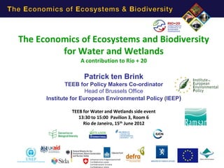 The Economics of Ecosystems and Biodiversity
         for Water and Wetlands
                  A contribution to Rio + 20

                    Patrick ten Brink
              TEEB for Policy Makers Co-ordinator
                      Head of Brussels Office
      Institute for European Environmental Policy (IEEP)

               TEEB for Water and Wetlands side event
                  13:30 to 15:00 Pavilion 3, Room 6
                    Rio de Janeiro, 15th June 2012
 