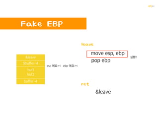 꺄륵
BOF의 원리 BOF!!
ret
sfp
buffer
…
…
4byte
4byte
256byte
260byte의 값
4byte의 return주소
 