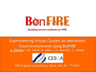 Building service testbeds on FIRE



Experimenting Virtual Clusters on distributed
     Cloud environments using BonFIRE
A. Gómez, L.M. Carril, R. Valin, J.C. Mouriño, C. Cotelo




   FIRE Engineering Workshop, Ghent, Nov. 6th – 7th 2012
 