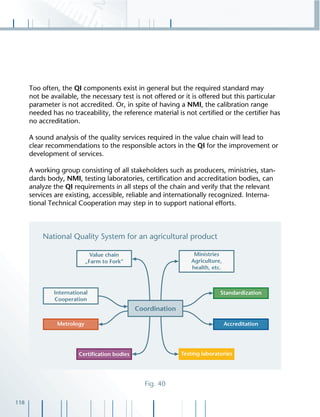 118
Too often, the QI components exist in general but the required standard may
not be available, the necessary test is not offered or it is offered but this particular
parameter is not accredited. Or, in spite of having a NMI, the calibration range
needed has no traceability, the reference material is not certiﬁed or the certiﬁer has
no accreditation.
A sound analysis of the quality services required in the value chain will lead to
clear recommendations to the responsible actors in the QI for the improvement or
development of services.
A working group consisting of all stakeholders such as producers, ministries, stan-
dards body, NMI, testing laboratories, certiﬁcation and accreditation bodies, can
analyze the QI requirements in all steps of the chain and verify that the relevant
services are existing, accessible, reliable and internationally recognized. Interna-
tional Technical Cooperation may step in to support national efforts.
Fig. 40
 