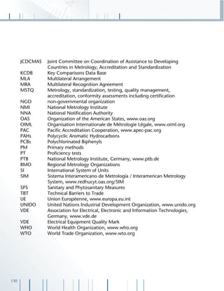 130
JCDCMAS Joint Committee on Coordination of Assistance to Developing
Countries in Metrology, Accreditation and Standardization
KCDB Key Comparisons Data Base
MLA Multilateral Arrangement
MRA Multilateral Recognition Agreement
MSTQ Metrology, standardization, testing, quality management,
accreditation, conformity assessments including certiﬁcation
NGO non-governmental organization
NMI National Metrology Institute
NNA National Notiﬁcation Authority
OAS Organization of the American States, www.oas.org
OIML Organisation Internationale de Métrologie Légale, www.oiml.org
PAC Paciﬁc Accreditation Cooperation, www.apec-pac.org
PAHs Polycyclic Aromatic Hydrocarbons
PCBs Polychlorinated Biphenyls
PM Primary methods
PT Proﬁciency tests
PTB National Metrology Institute, Germany, www.ptb.de
RMO Regional Metrology Organizations
SI International System of Units
SIM Sistema Interamericano de Metrología / Interamerican Metrology
System, www.redhucyt.oas.org/SIM
SPS Sanitary and Phytosanitary Measures
TBT Technical Barriers to Trade
UE Union Européenne, www.europa.eu.int
UNIDO United Nations Industrial Development Organization, www.unido.org
VDE Association for Electrical, Electronic and Information Technologies,
Germany, www.vde.de
VDE Electrical Equipment Quality Mark
WHO World Health Organization, www.who.org
WTO World Trade Organization, www.wto.org
 