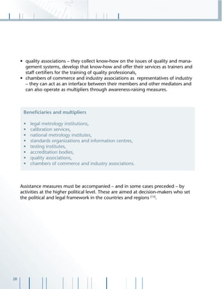 28
• quality associations – they collect know-how on the issues of quality and mana-
gement systems, develop that know-how and offer their services as trainers and
staff certiﬁers for the training of quality professionals,
• chambers of commerce and industry associations as representatives of industry
– they can act as an interface between their members and other mediators and
can also operate as multipliers through awareness-raising measures.
Assistance measures must be accompanied – and in some cases preceded – by
activities at the higher political level. These are aimed at decision-makers who set
the political and legal framework in the countries and regions [13]
.
Beneﬁciaries and multipliers
• legal metrology institutions,
• calibration services,
• national metrology institutes,
• standards organizations and information centres,
• testing institutes,
• accreditation bodies,
• quality associations,
• chambers of commerce and industry associations.
 