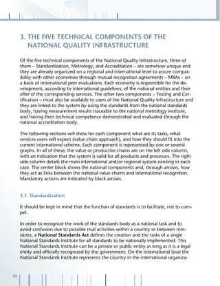50
Of the ﬁve technical components of the National Quality Infrastructure, three of
them – Standardization, Metrology, and Accreditation – are somehow unique and
they are already organized on a regional and international level to assure compat-
ibility with other economies through mutual recognition agreements – MRAs – on
a basis of international peer evaluations. Each economy is responsible for the de-
velopment, according to international guidelines, of the national entities and their
offer of the corresponding services. The other two components – Testing and Cer-
tiﬁcation – must also be available to users of the National Quality Infrastructure and
they are linked to the system by using the standards from the national standards
body, having measurement results traceable to the national metrology institute,
and having their technical competence demonstrated and evaluated through the
national accreditation body.
The following sections will show for each component what are its tasks, what
services users will expect (value chain approach), and how they should ﬁt into the
current international scheme. Each component is represented by one or several
graphs. In all of these, the value or productive chains are on the left side column,
with an indication that the system is valid for all products and processes. The right
side column details the main international and/or regional system existing in each
case. The center block shows the national components and, through arrows, how
they act as links between the national value chains and international recognition.
Mandatory actions are indicated by black arrows.
3.1. Standardization
It should be kept in mind that the function of standards is to facilitate, not to com-
pel.
In order to recognize the work of the standards body as a national task and to
avoid confusion due to possible rival activities within a country or between min-
istries, a National Standards Act deﬁnes the creation and the tasks of a single
National Standards Institute for all standards to be nationally implemented. This
National Standards Institute can be a private or public entity as long as it is a legal
entity and ofﬁcially recognized by the government. On the international level the
National Standards Institute represents the country in the international organiza-
3. THE FIVE TECHNICAL COMPONENTS OF THE
NATIONAL QUALITY INFRASTRUCTURE
 