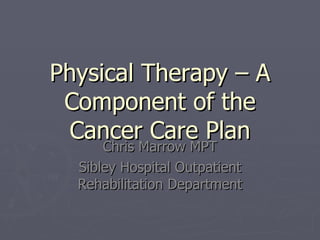 Physical Therapy – A Component of the Cancer Care Plan Chris Marrow MPT Sibley Hospital Outpatient Rehabilitation Department 