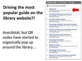 Driving the mostpopular guide onthe library website?!Anecdotal, but QRcodes have started toorganically pop uparound the library…