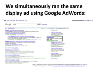 We simultaneously ran the same display ad using Google AdWords:Remix of original image licensed under Creative Commons Attribution-NonCommercial Share-alike 2.0 Generic on flickr by eric731.Original image retrieved October 9, 2011 from: http://www.flickr.com/photos/eric731/5375878032/sizes/l/in/photostream/