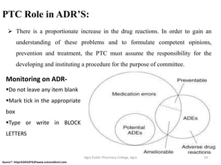 PTC Role in ADR’S:
➢ There is a proportionate increase in the drug reactions. In order to gain an
understanding of these problems and to formulate competent opinions,
prevention and treatment, the PTC must assume the responsibility for the
developing and instituting a procedure for the purpose of committee.
Agra Public Pharmacy College, Agra 10
Source*- https%3A%2F%2Fwww.sciencedirect.com
Monitoring on ADR-
▪Do not leave any item blank
▪Mark tick in the appropriate
box
▪Type or write in BLOCK
LETTERS
 