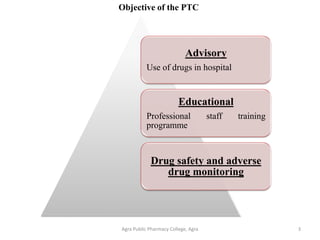 Agra Public Pharmacy College, Agra 3
Advisory
Use of drugs in hospital
Educational
Professional staff training
programme
Drug safety and adverse
drug monitoring
Objective of the PTC
 
