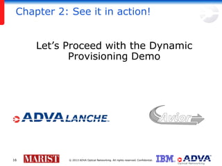 Chapter 2: See it in action!
Let’s Proceed with the Dynamic
Provisioning Demo

16

© 2013 ADVA Optical Networking. All rights reserved. Confidential.

 