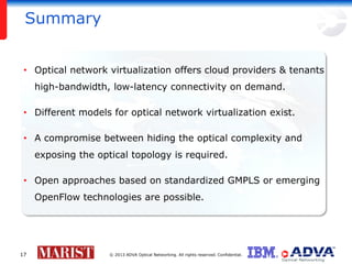 Summary
• Optical network virtualization offers cloud providers & tenants
high-bandwidth, low-latency connectivity on demand.
• Different models for optical network virtualization exist.

• A compromise between hiding the optical complexity and
exposing the optical topology is required.
• Open approaches based on standardized GMPLS or emerging
OpenFlow technologies are possible.

17

© 2013 ADVA Optical Networking. All rights reserved. Confidential.

 
