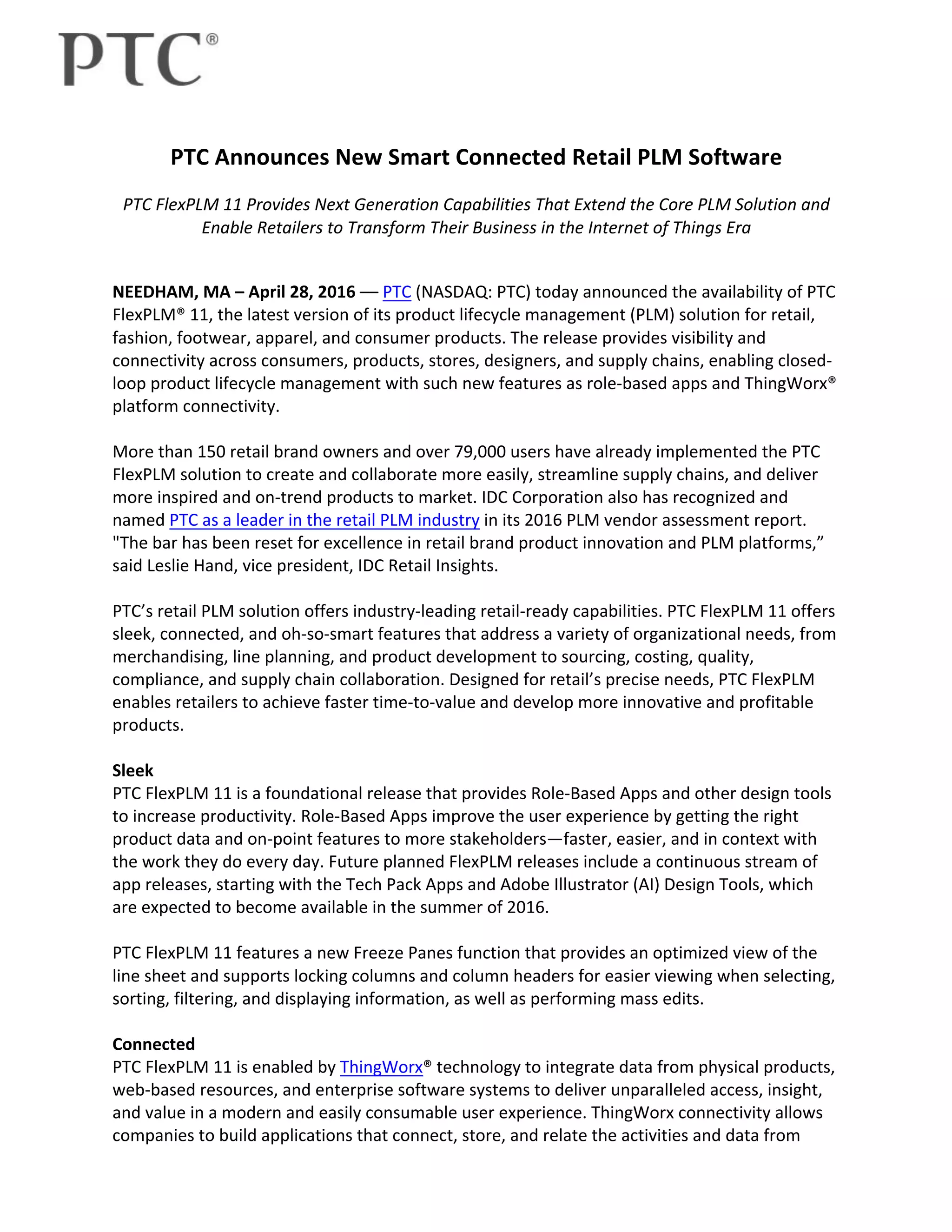 PTC Announces New Smart Connected Retail PLM Software | PDF