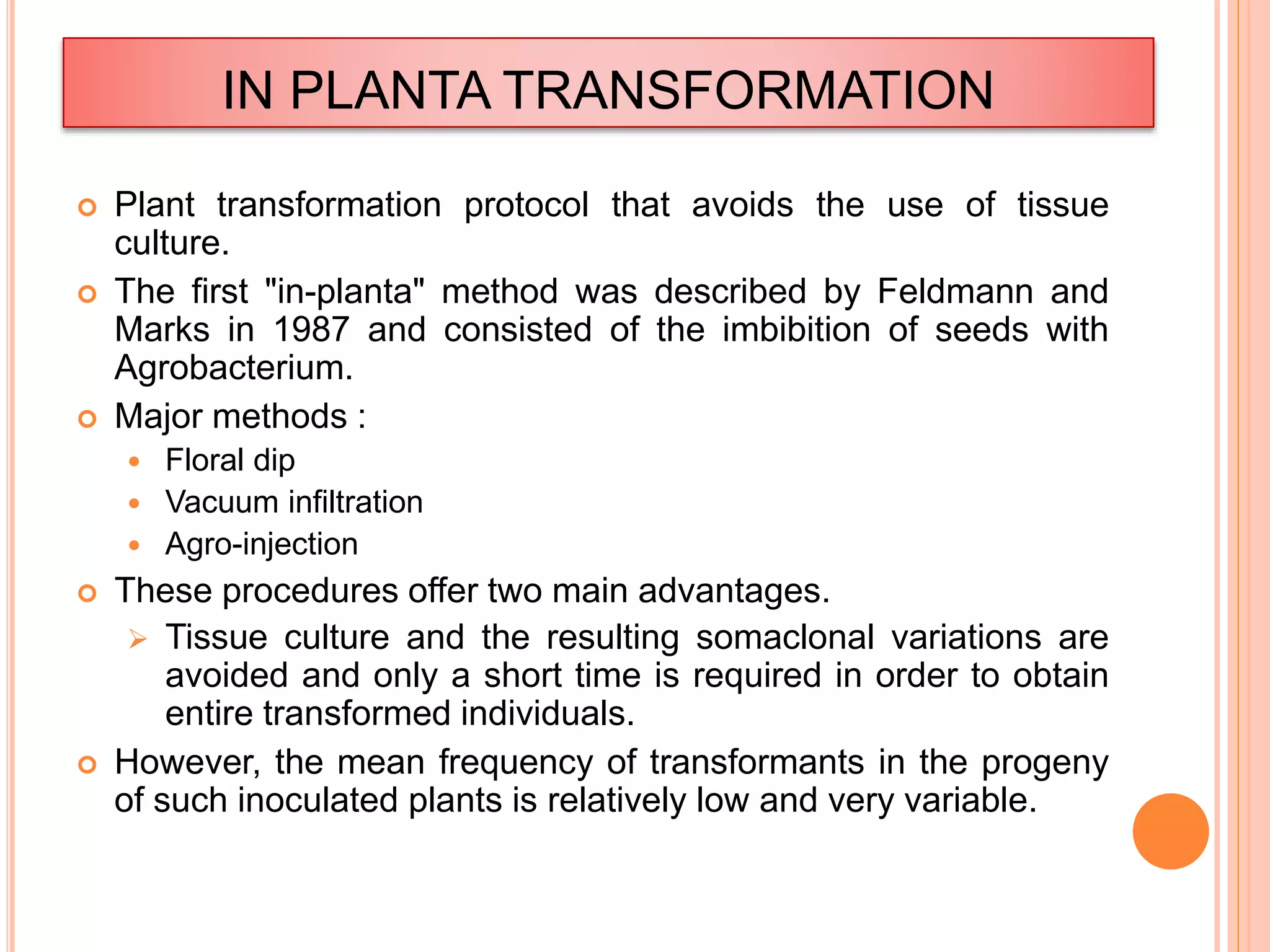 IN PLANTA TRANSFORMATION
 Plant transformation protocol that avoids the use of tissue
culture.
 The first "in-planta" method was described by Feldmann and
Marks in 1987 and consisted of the imbibition of seeds with
Agrobacterium.
 Major methods :
 Floral dip
 Vacuum infiltration
 Agro-injection
 These procedures offer two main advantages.
 Tissue culture and the resulting somaclonal variations are
avoided and only a short time is required in order to obtain
entire transformed individuals.
 However, the mean frequency of transformants in the progeny
of such inoculated plants is relatively low and very variable.
 