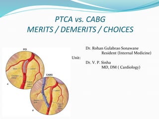 PTCA vs. CABG
MERITS / DEMERITS / CHOICES
Dr. Rohan Gulabrao Sonawane
Resident (Internal Medicine)
Unit:
Dr. V. P. Sinha
MD, DM ( Cardiology)
 