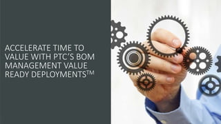 ACCELERATE TIME TO
VALUE WITH PTC’S BOM
MANAGEMENT VALUE
READY DEPLOYMENTSTM
 