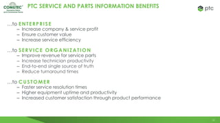 22
PTC SERVICE AND PARTS INFORMATION BENEFITS
…to ENTERPRISE
– Increase company & service profit
– Ensure customer value
– Increase service efficiency
…to SERVICE ORGANIZATION
– Improve revenue for service parts
– Increase technician productivity
– End-to-end single source of truth
– Reduce turnaround times
…to CUSTOMER
– Faster service resolution times
– Higher equipment uptime and productivity
– Increased customer satisfaction through product performance
 
