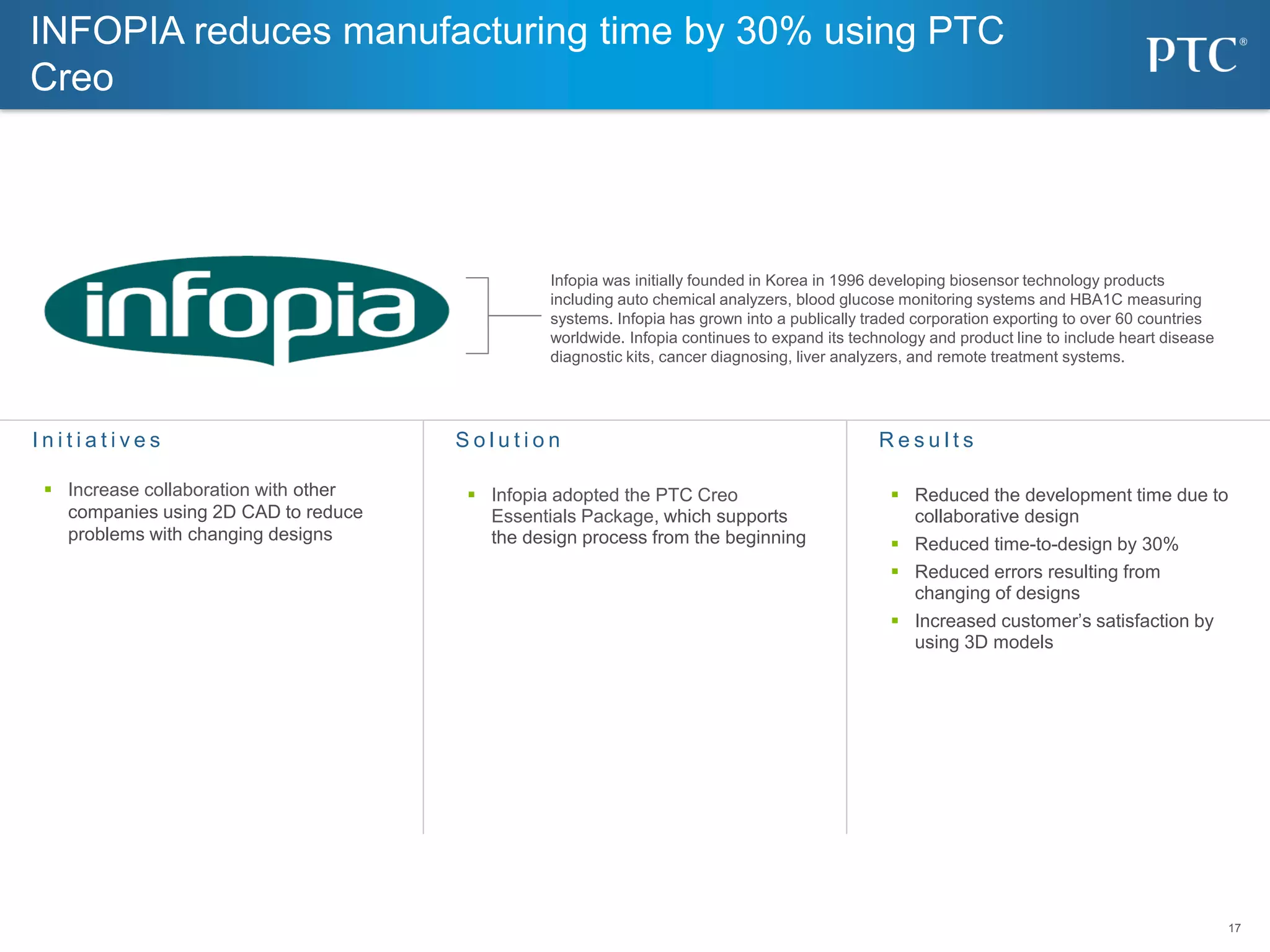 17
17
S o l u t i o n
 Infopia adopted the PTC Creo
Essentials Package, which supports
the design process from the beginning
I n i t i a t i v e s
 Increase collaboration with other
companies using 2D CAD to reduce
problems with changing designs
R e s u l t s
 Reduced the development time due to
collaborative design
 Reduced time-to-design by 30%
 Reduced errors resulting from
changing of designs
 Increased customer’s satisfaction by
using 3D models
INFOPIA reduces manufacturing time by 30% using PTC
Creo
Infopia was initially founded in Korea in 1996 developing biosensor technology products
including auto chemical analyzers, blood glucose monitoring systems and HBA1C measuring
systems. Infopia has grown into a publically traded corporation exporting to over 60 countries
worldwide. Infopia continues to expand its technology and product line to include heart disease
diagnostic kits, cancer diagnosing, liver analyzers, and remote treatment systems.
 